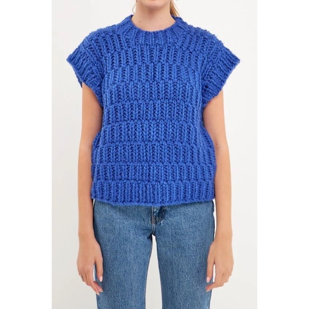 English Factory Sweater Vest Women Small‎ Blue Chunky Knit Oversized Preppy